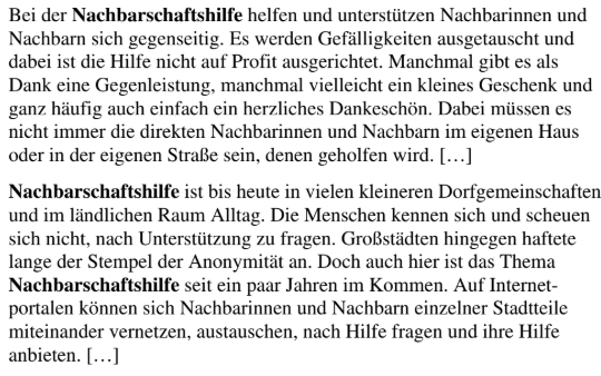 Text über Nachbarschaftshilfe und gegenseitige Unterstützung im Alltag.